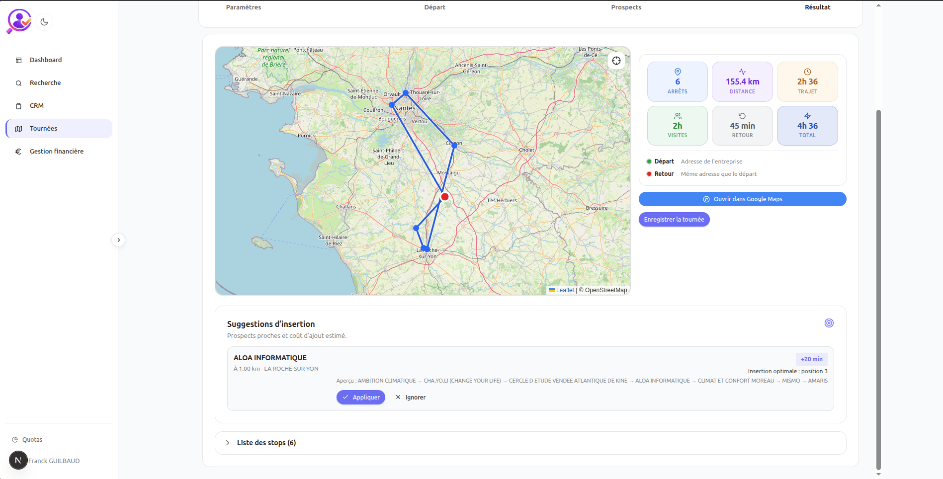TrouveTonClient — planification de tournées : carte avec itinéraire, temps de trajet, arrêts et suggestions d'insertion de prospects à proximité